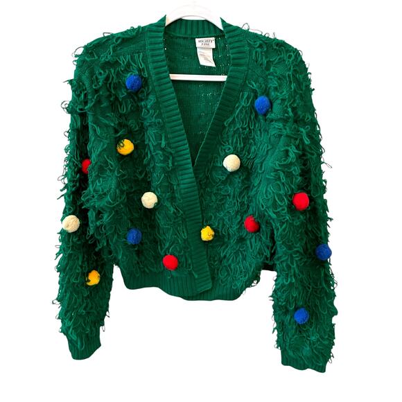 Mighty Fine Christmas Cardigan Sweater Green w/ Pom Pom Womens XL Holiday Party - Picture 1 of 16